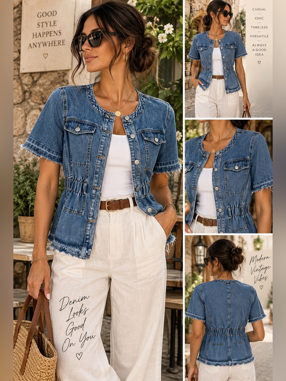 Gracia Denim Utility Jacket Small Cinched Waist Raw Hem Short Sleeve Y2K